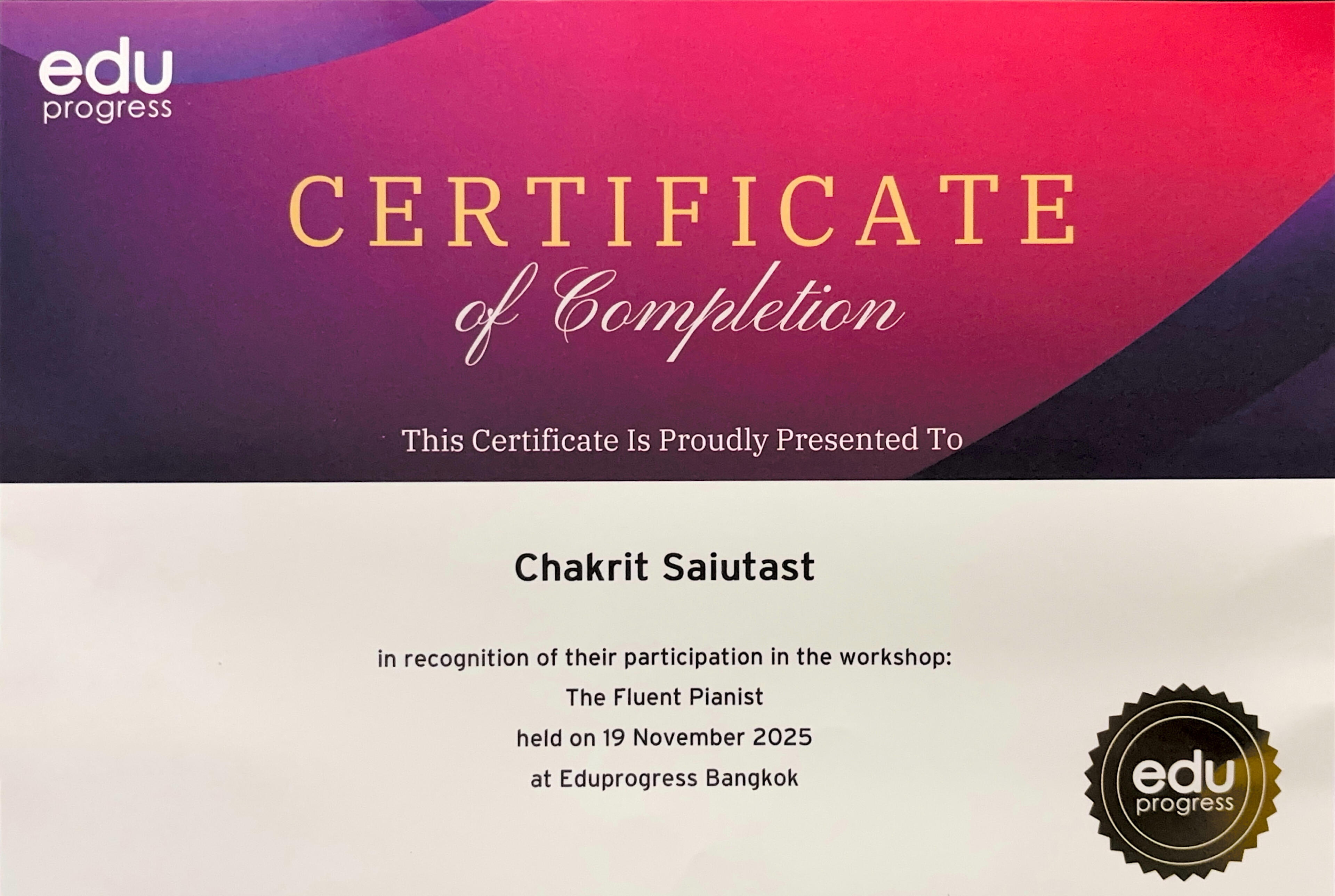 ใบรับรองประกาศนียบัตร The Fluent Pianist - Eduprogress รูปใบรับรองประกาศนียบัตร Sight reading and Essential Technique for Student Success (The Fluent Pianist - Eduprogress) ของ Trinity College London