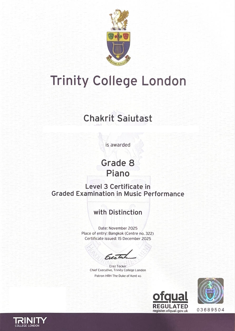 Certificate of Trinity College London Grade 8 Piano Photo of Trinity College London Grade 8 Piano Level 3 Certificate in Graded Examination in Music Performance with Distinction.